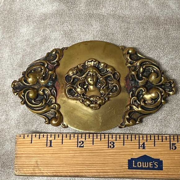 Antique Art Nouveau Brass Tone Woman w/ Long flowing hair Scarf Clip Buckle main image 4